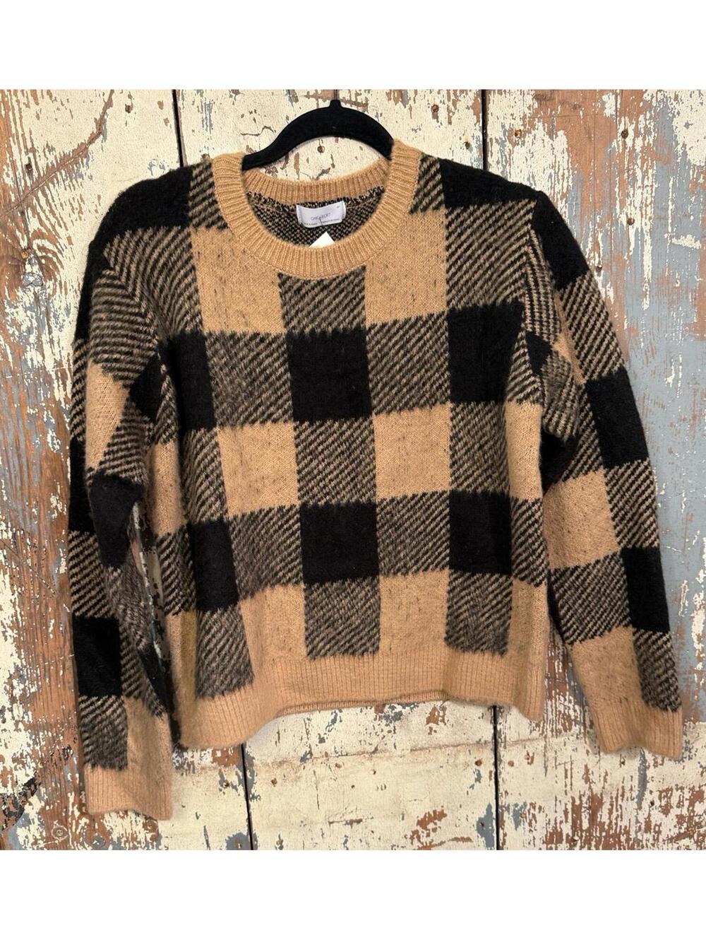 NWT Oak + Fort Checkered Crewneck Sweater Size Small Black & Tan